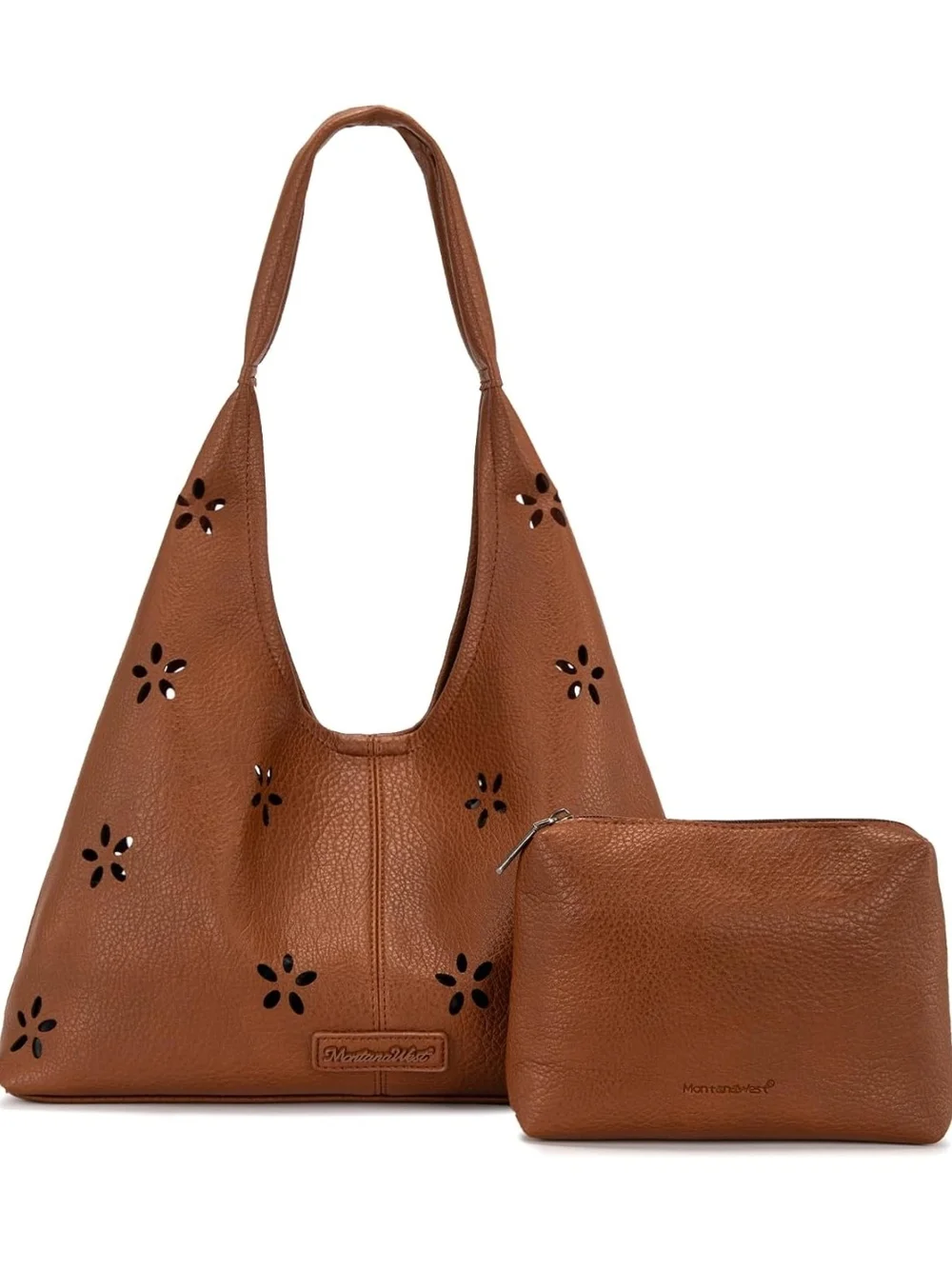 Montana West Tan Perforated Leather Shoulder Hobo with Pouch